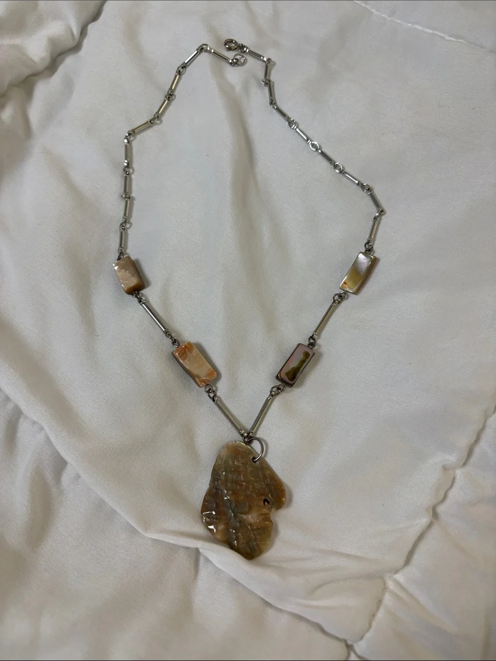 Silver Chain Necklace with Brown Iridescent Shell Pendant